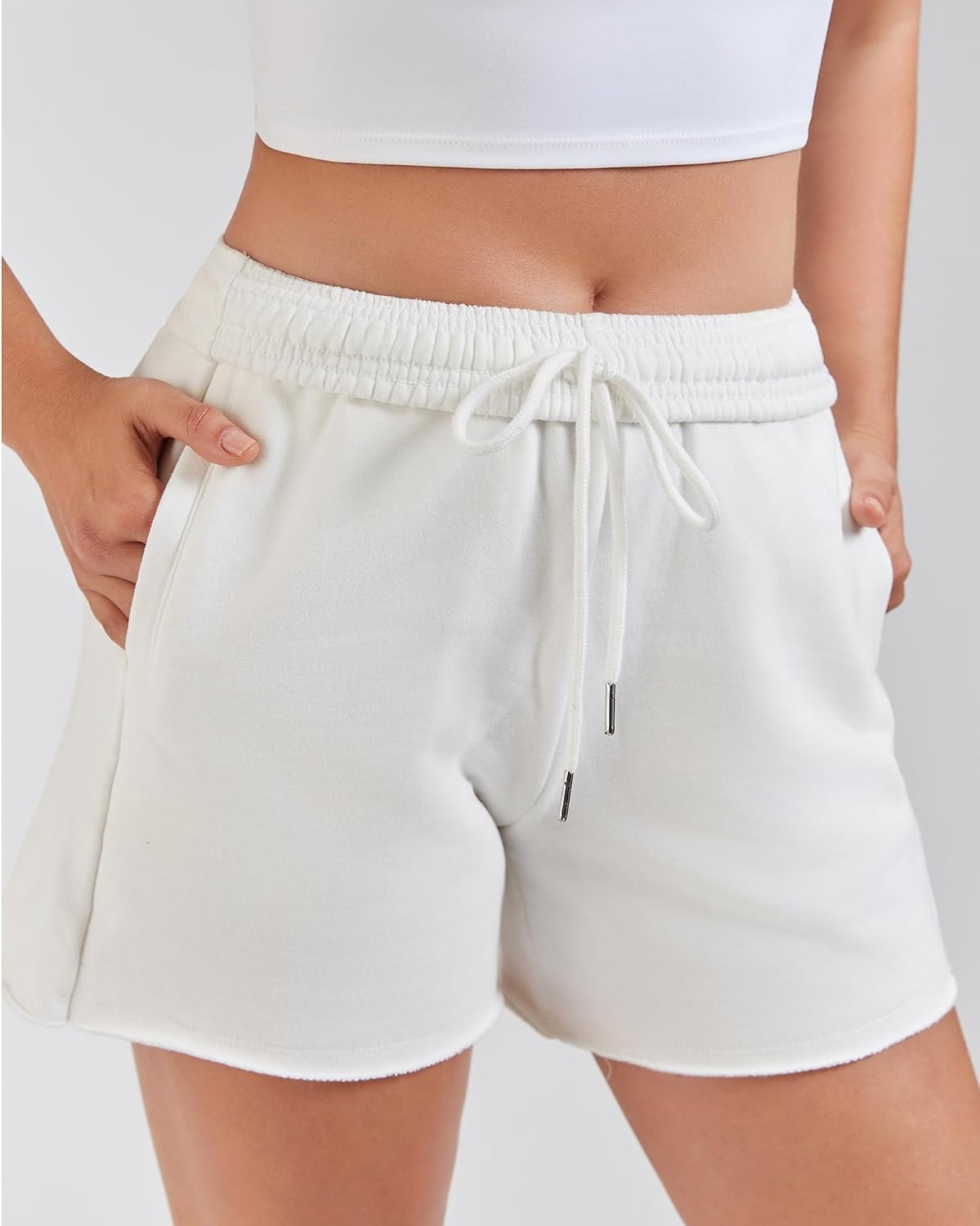 Stelle Women’s Sweat Shorts Casual Drawstring Shorts Comfy Cotton High Waisted Workout Lounge Shorts with Pockets(White (Sweat Shorts))