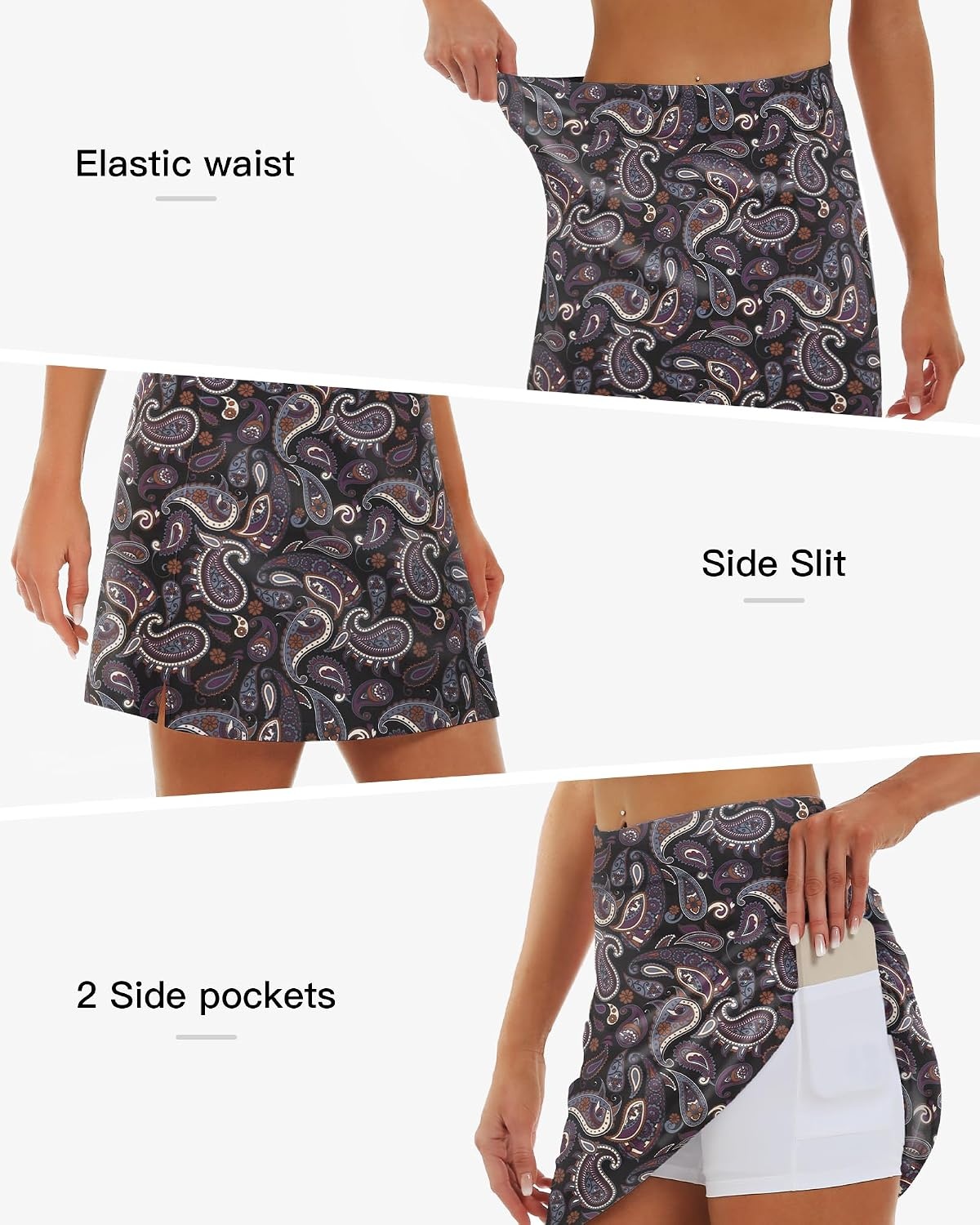 Stelle 17″ Golf Skirts for Women Pickleball Tennis Skorts with 2 Pockets | Athletic Skorts, High Waisted, Tummy Control, Built-In Shorts, Flattering Fit, Side Slits, Running(Vintage Paisley Print)