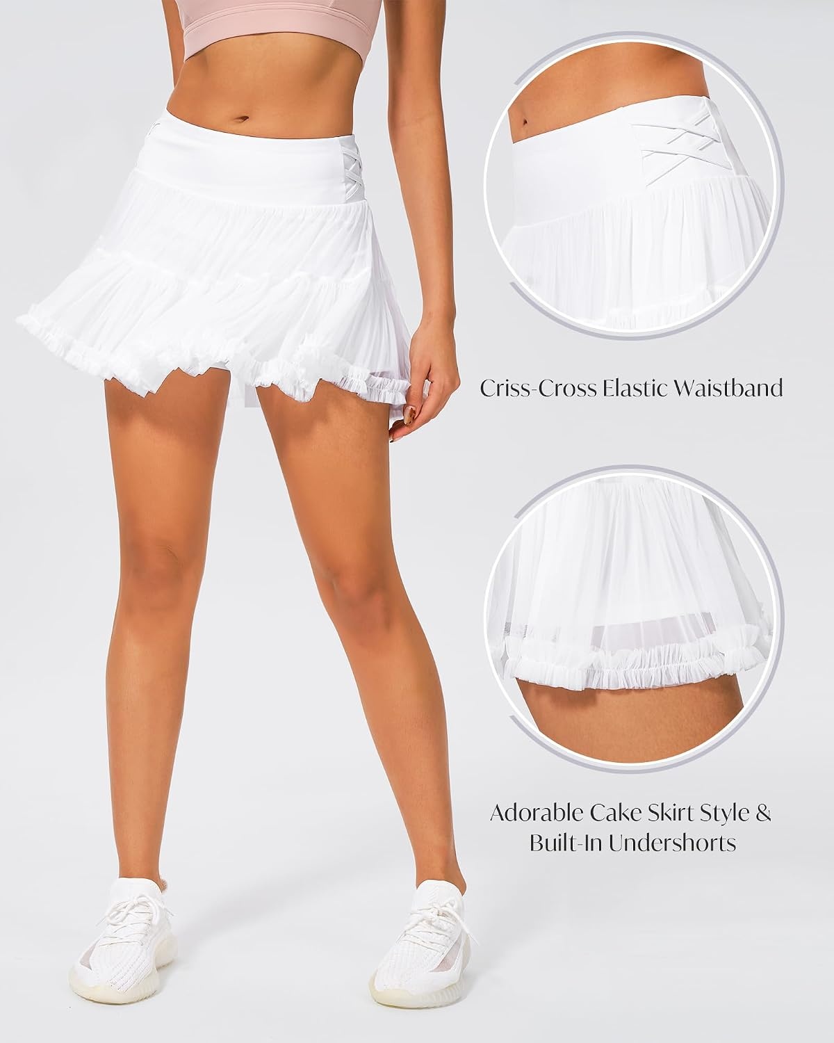 Stelle Women’s High Waist Athletic Skorts with Shorts Pockets Ruffle Flowy Mini Cake Skirt Layered Pleated Cute Casual Summer(White)