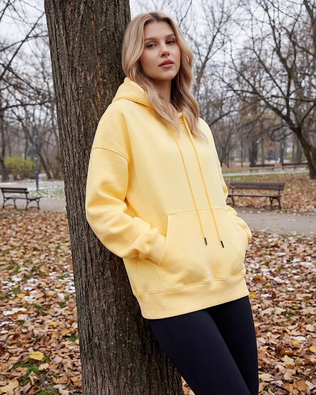 Stelle Women’s Oversized Fleece Hoodie Printed Cuff Fall Sweatshirts(Butter)