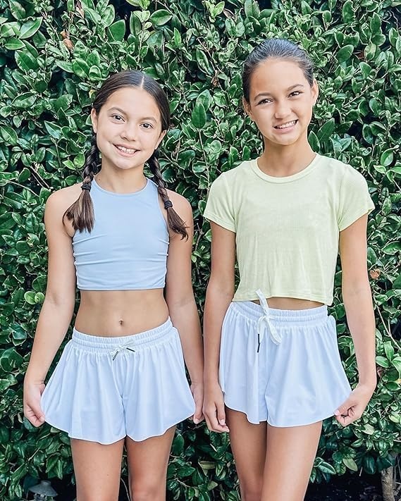 Stelle Girls Butterfly Shorts with Pockets Athletic Running Sports Skirt | 2 in 1 Sports short, 5-16 Years, Lightweight, Breathable, Quick-dry, Compression liner, 2 Inner pockets, Elastic waistband(Black+white+cotton Candy)
