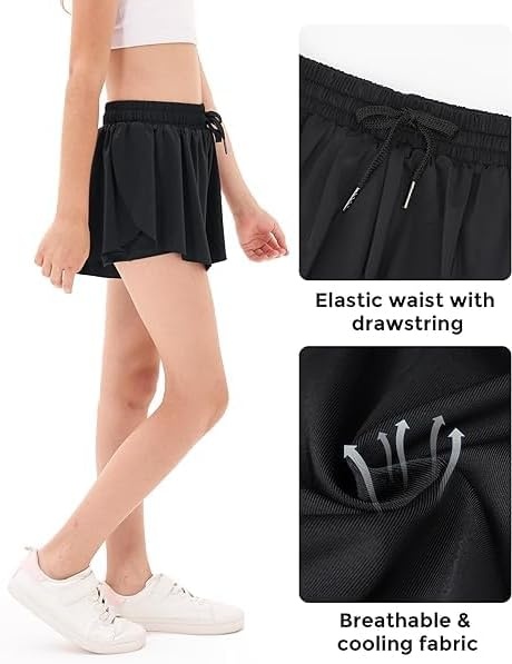 Stelle Girls Butterfly Shorts with Pockets Athletic Running Sports Skirt | 2 in 1 Sports short, 5-16 Years, Lightweight, Breathable, Quick-dry, Compression liner, 2 Inner pockets, Elastic waistband(Black+white+cotton Candy)