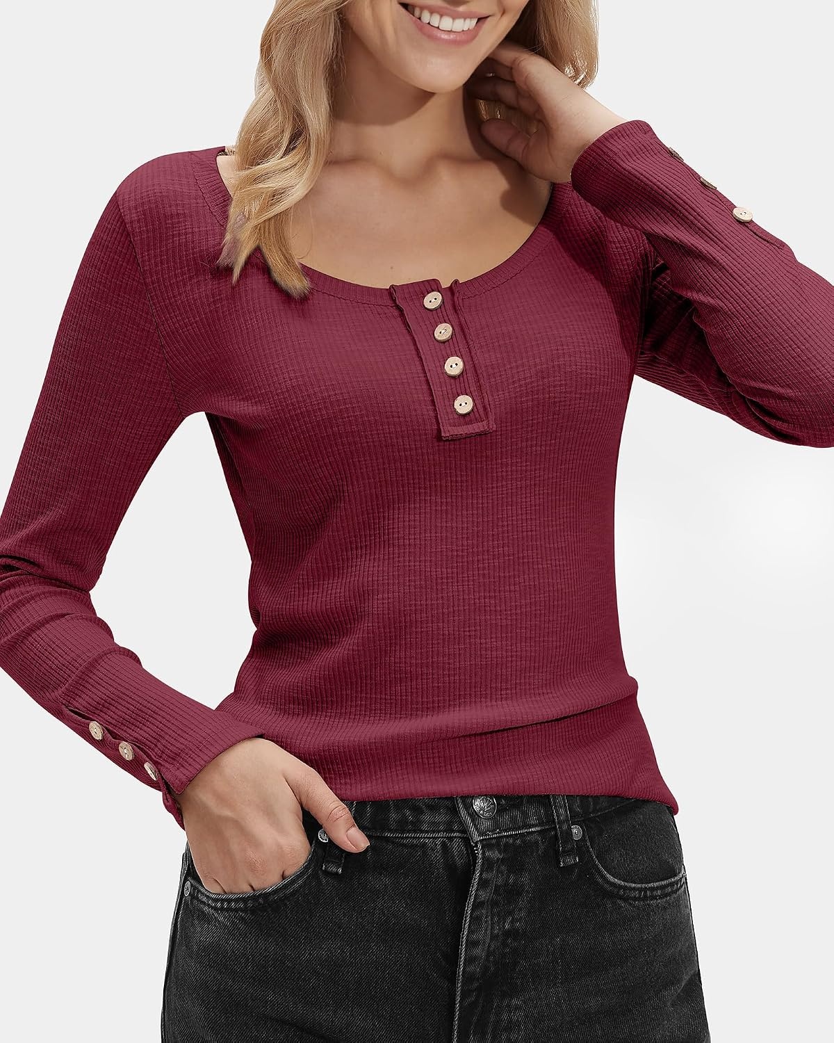 Stelle Women’s Long Sleeve Henley T Shirts Button Ribbed Knit Loose Fit Basic Tops Fall Fashion Outfits(Burgundy)