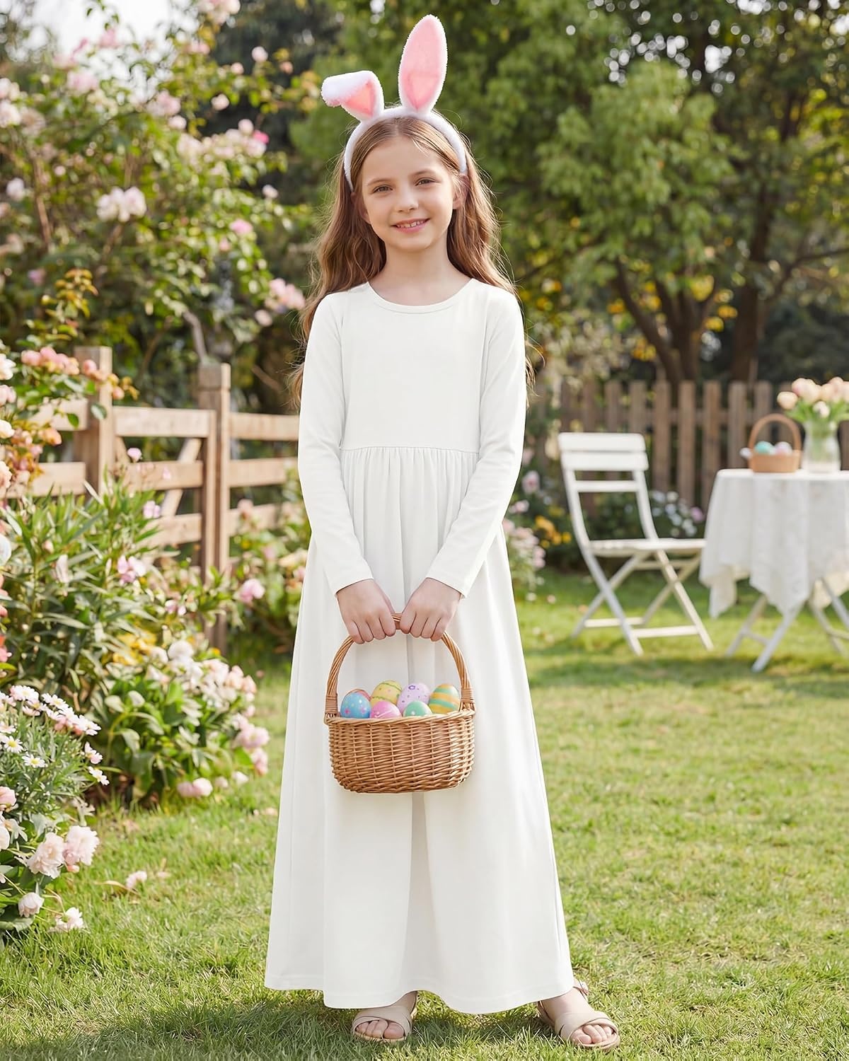Stelle Girls Long Sleeve Maxi Dress with Pockets 6-15 Years | Crew Neck,Ankle Length,High Waist,Stretchable,Twirly,A Line, Spring Fall Dresses,Church,Long Dress for Little Kid,Teen,Tween(White)