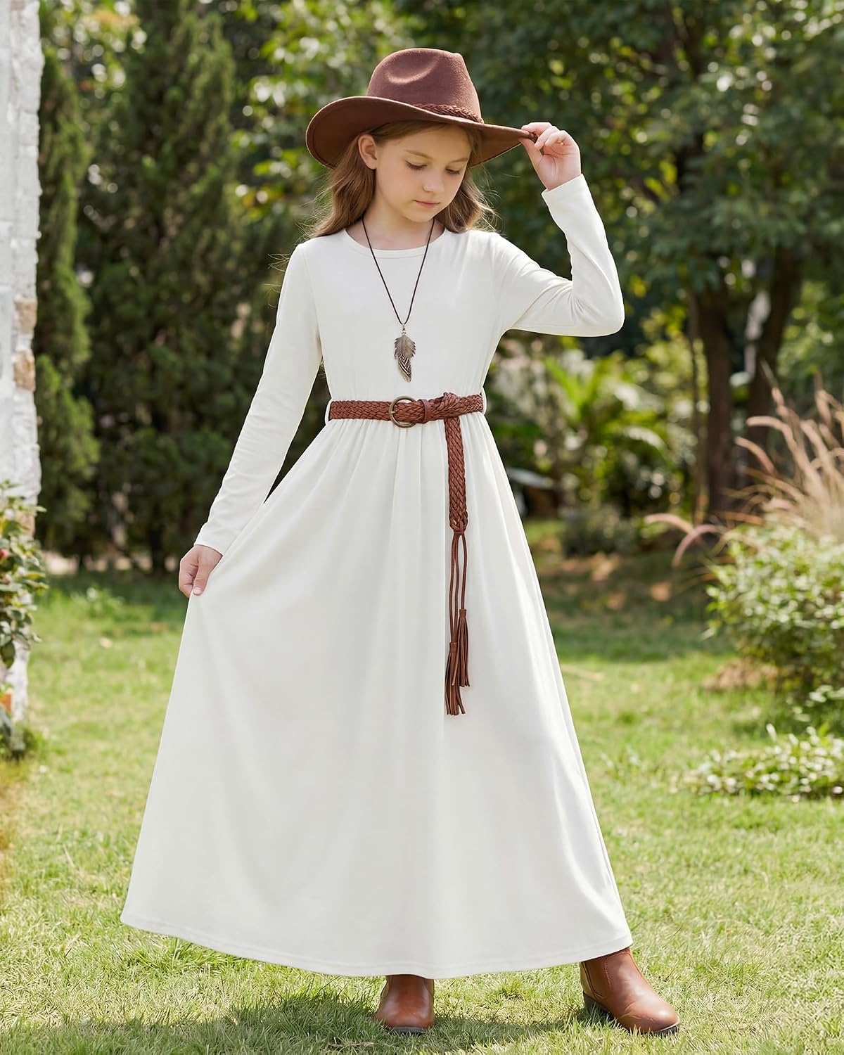 Stelle Girls Long Sleeve Maxi Dress with Pockets 6-15 Years | Crew Neck,Ankle Length,High Waist,Stretchable,Twirly,A Line, Spring Fall Dresses,Church,Long Dress for Little Kid,Teen,Tween(White)