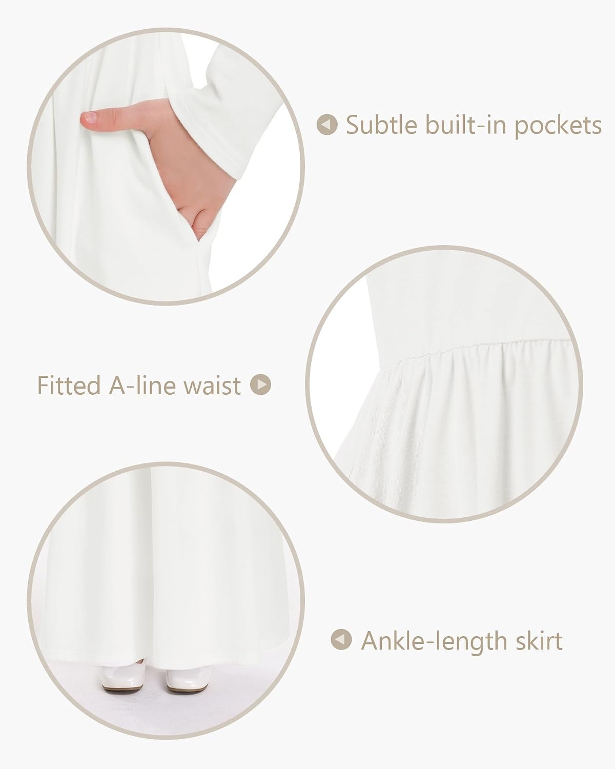 Stelle Girls Long Sleeve Maxi Dress with Pockets 6-15 Years | Crew Neck,Ankle Length,High Waist,Stretchable,Twirly,A Line, Spring Fall Dresses,Church,Long Dress for Little Kid,Teen,Tween(White)