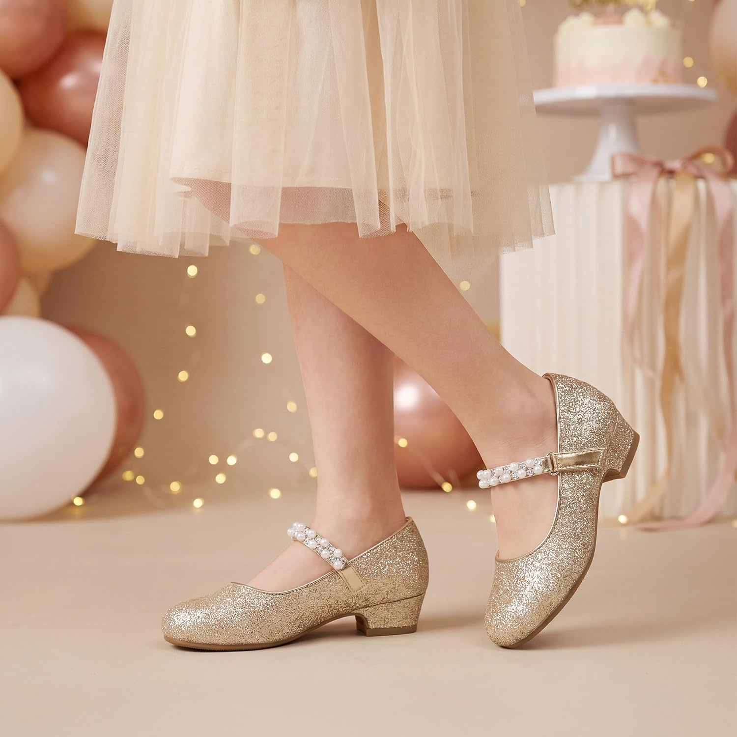 Stelle Girls Dress Shoes Flower Girl Shoe Mary Jane Low Heels for Wedding (Toddler/Little/Big Kid) | Sparkling jewel strap, Cushioned comfort, Hook-and-loop closure, School, Dress occasions, Patent finish, Glitter finish(Gold)