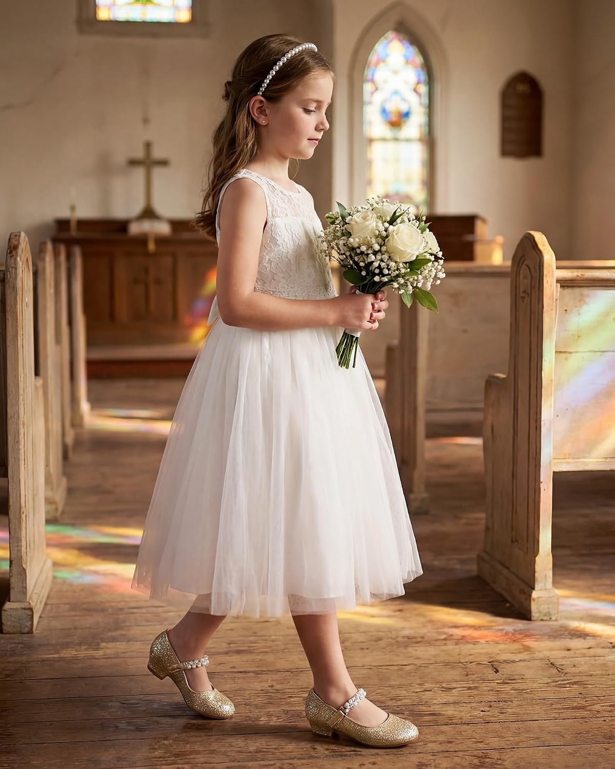 Stelle Girls Dress Shoes Flower Girl Shoe Mary Jane Low Heels for Wedding (Toddler/Little/Big Kid) | Sparkling jewel strap, Cushioned comfort, Hook-and-loop closure, School, Dress occasions, Patent finish, Glitter finish(Gold)