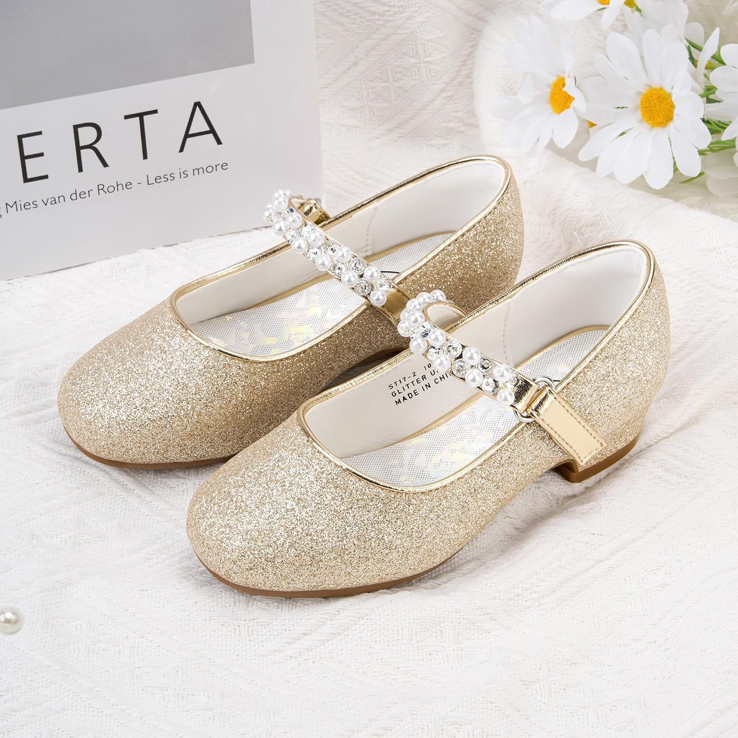 Stelle Girls Dress Shoes Flower Girl Shoe Mary Jane Low Heels for Wedding (Toddler/Little/Big Kid) | Sparkling jewel strap, Cushioned comfort, Hook-and-loop closure, School, Dress occasions, Patent finish, Glitter finish(Gold)
