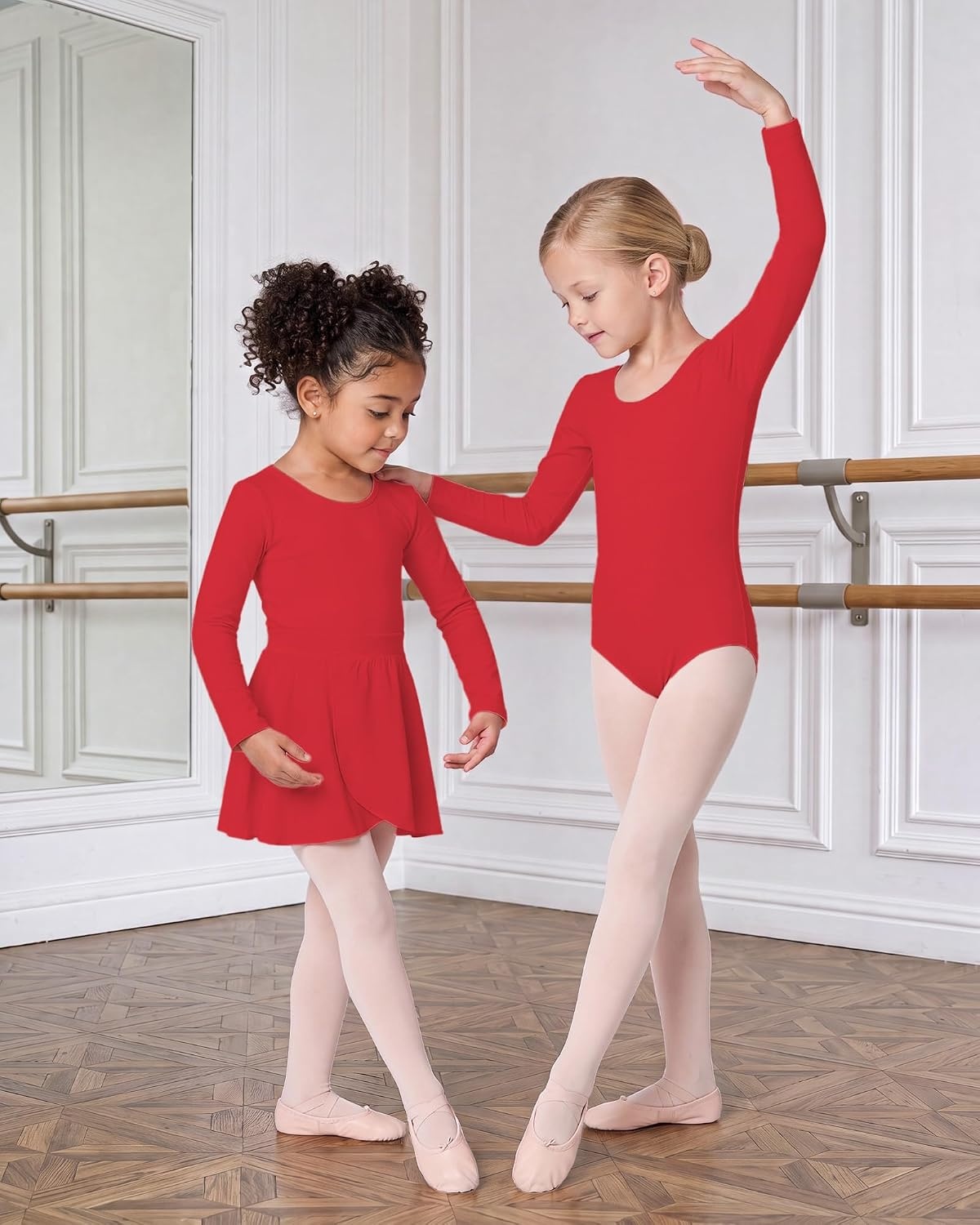 Stelle Girls Ballet Leotards Dance Outfits with Skirt and Footed Tights(04-red-long Sleeve)
