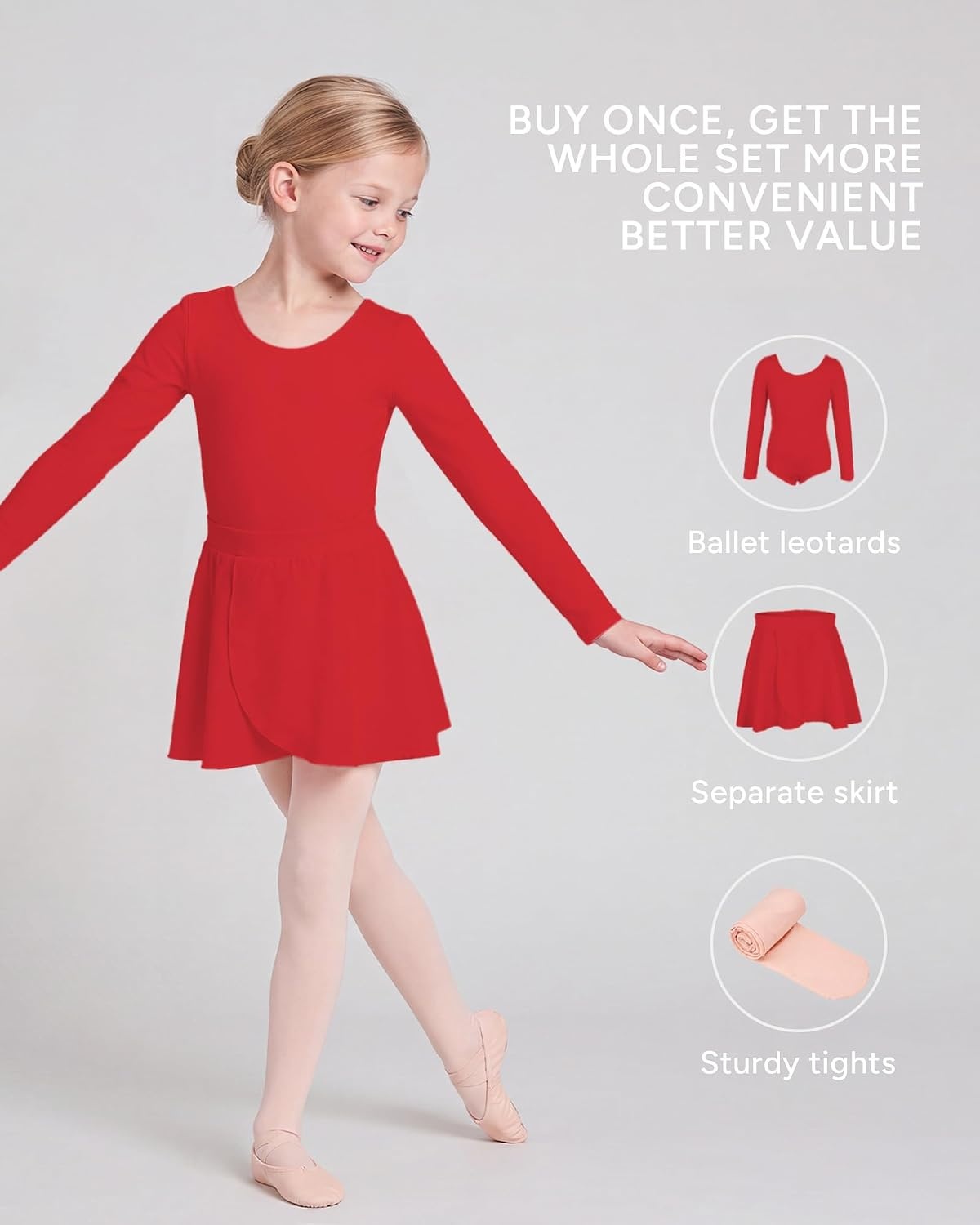 Stelle Girls Ballet Leotards Dance Outfits with Skirt and Footed Tights(04-red-long Sleeve)