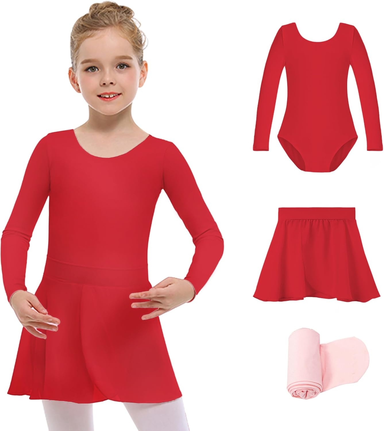 Stelle Girls Ballet Leotards Dance Outfits with Skirt and Footed Tights(04-red-long Sleeve)