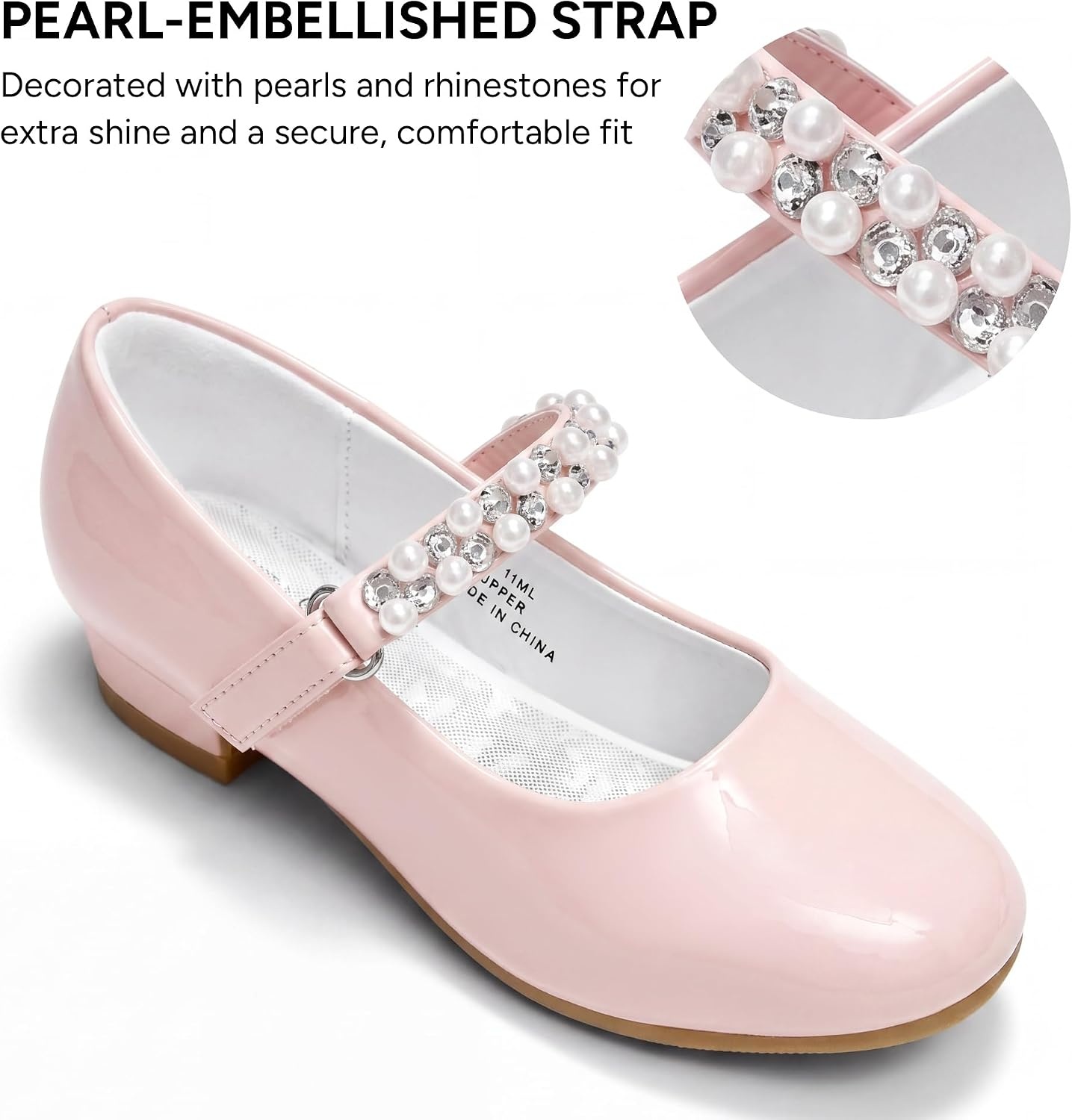 Stelle Girls Dress Shoes Flower Girl Shoe Mary Jane Low Heels for Wedding (Toddler/Little/Big Kid) | Sparkling jewel strap, Cushioned comfort, Hook-and-loop closure, School, Dress occasions, Patent finish, Glitter finish(Pink)