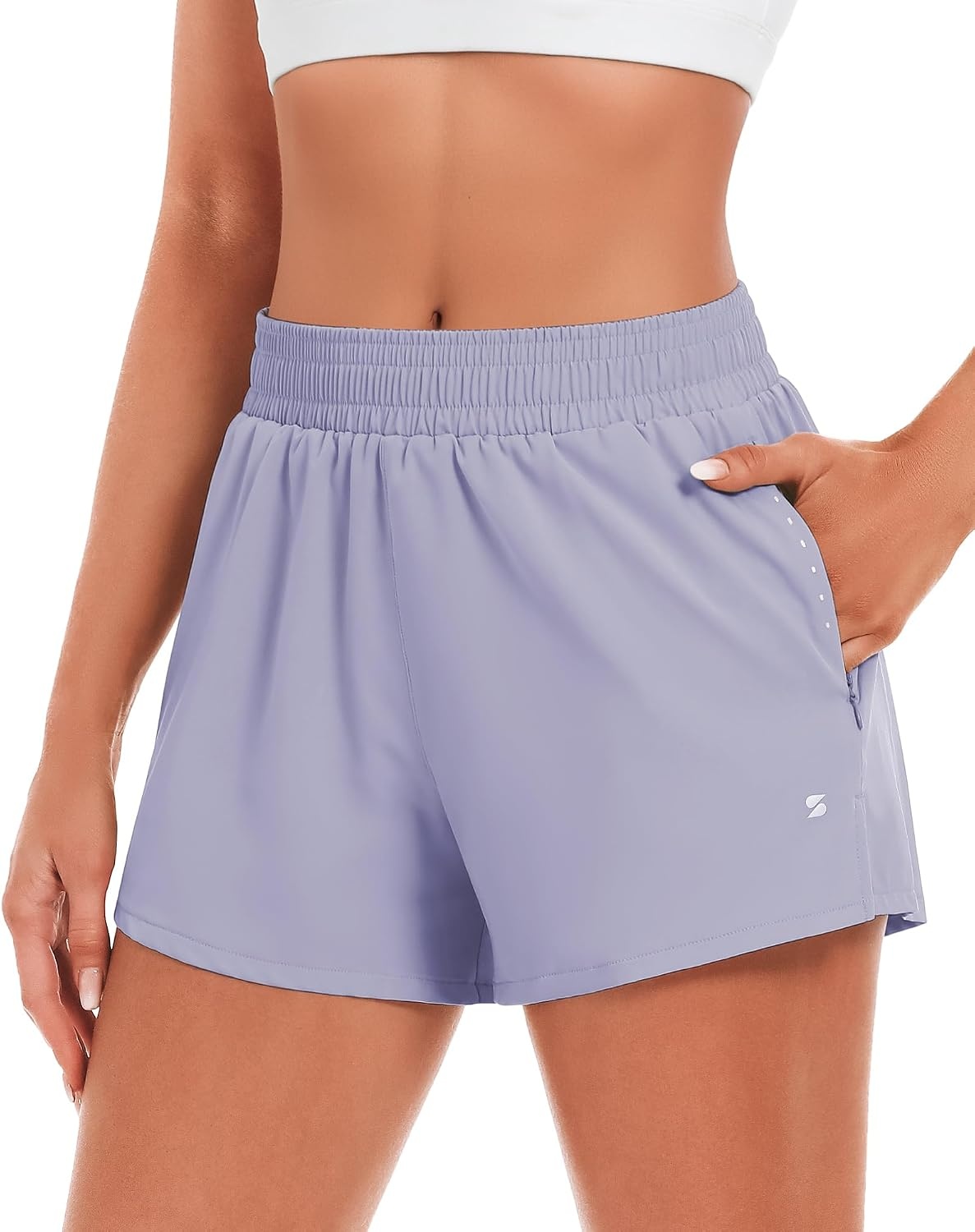 Stelle Women’s 3.5″ High Waisted Running Shorts Quick-Dry Gym Shorts Workout Athletic Shorts Mesh Liner with Zipper Pockets(Purple Haze)