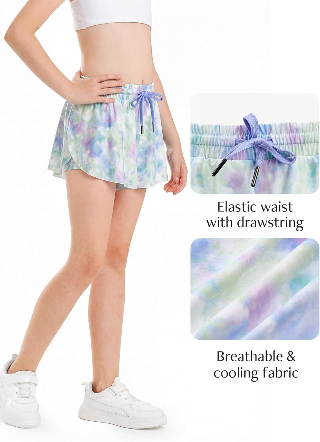 Stelle Girls Flowy Shorts with Pockets Athletic Running Skirt High Waist Butterfly 2 in 1 Sports Short 5-16 Years(Spring Mist)
