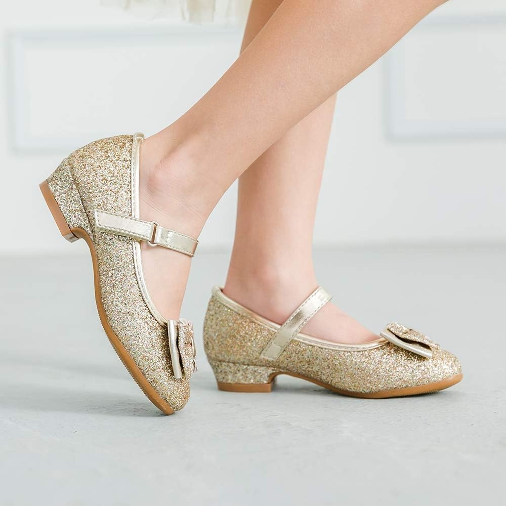 Stelle Girls Dress Shoes Glitter Princess Shoe Flower Mary Jane Low Heels Party Wedding Prom Footwear for Toddler Kids(T08-gold Glitter)