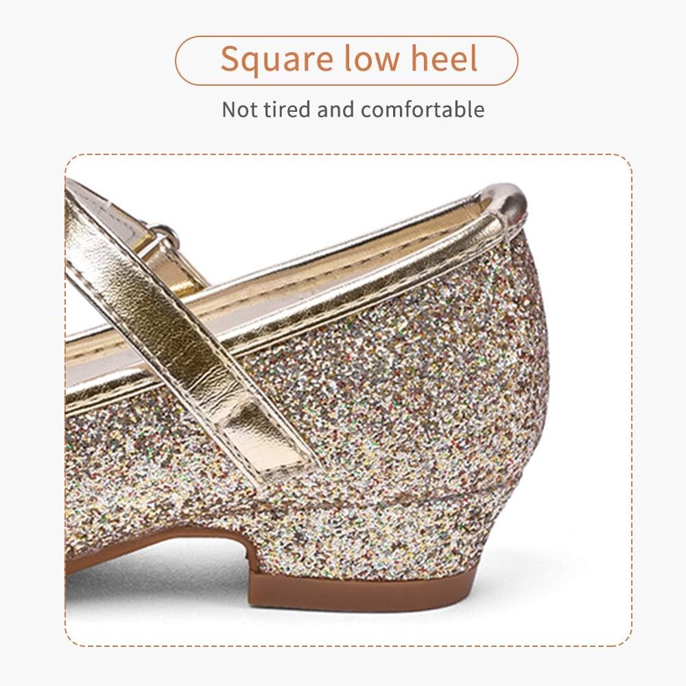 Stelle Girls Dress Shoes Glitter Princess Shoe Flower Mary Jane Low Heels Party Wedding Prom Footwear for Toddler Kids(T08-gold Glitter)