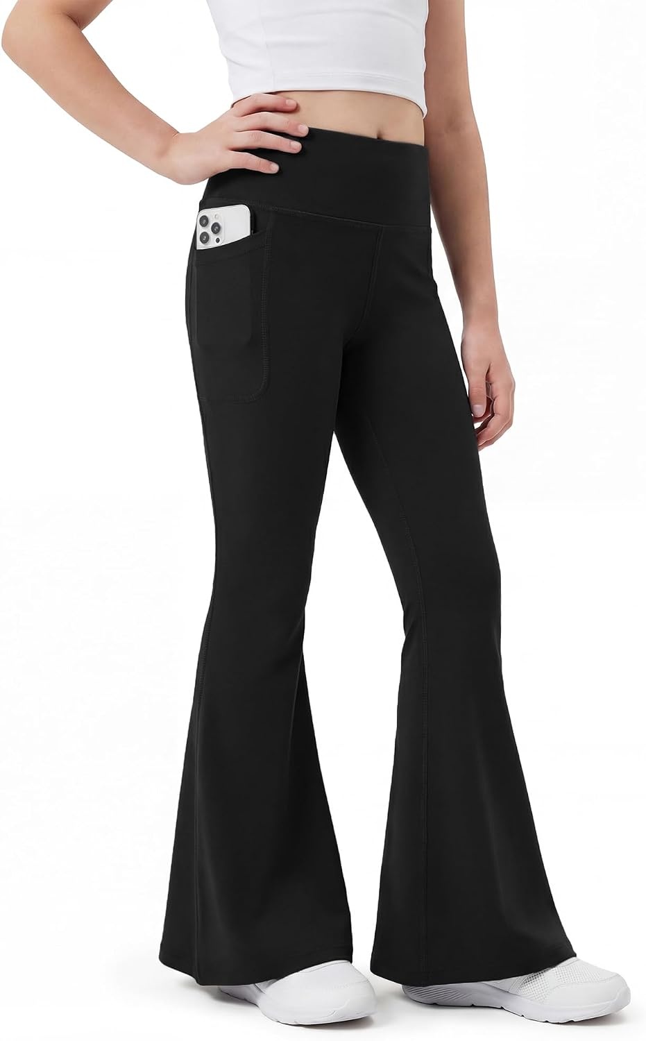 Stelle Girls Flare Leggings with Pockets High Waisted Yoga Dance Pants | Soft 4-Way Stretch Fabric,High-Waisted Fit,Two Side Pockets,Moisture-Wicking,Flared Leg Design for Dance,Yoga Everyday Wear(Black)