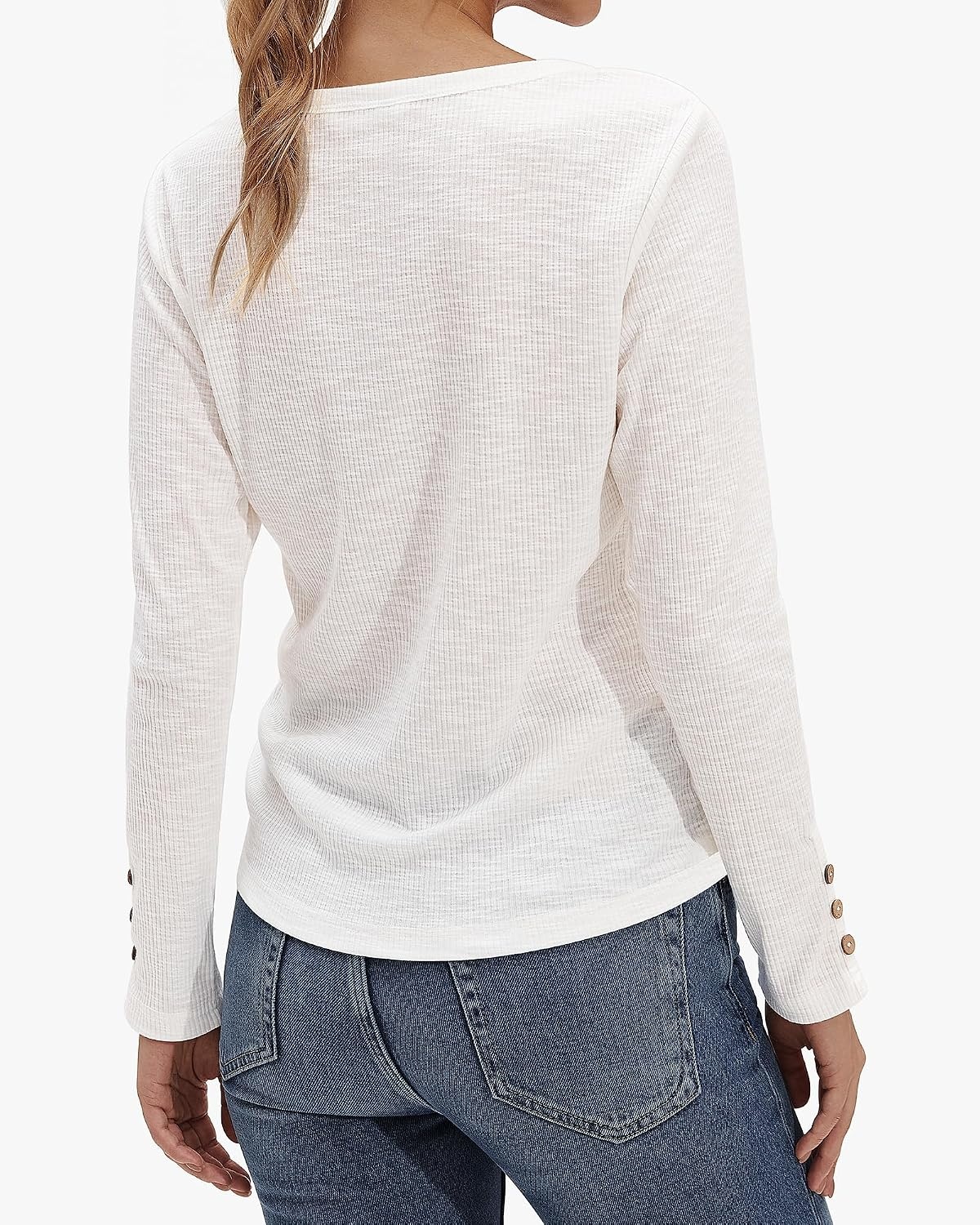 Stelle Women’s Long Sleeve Henley T Shirts Button Ribbed Knit Loose Fit Basic Tops Fall Fashion Outfits(White)