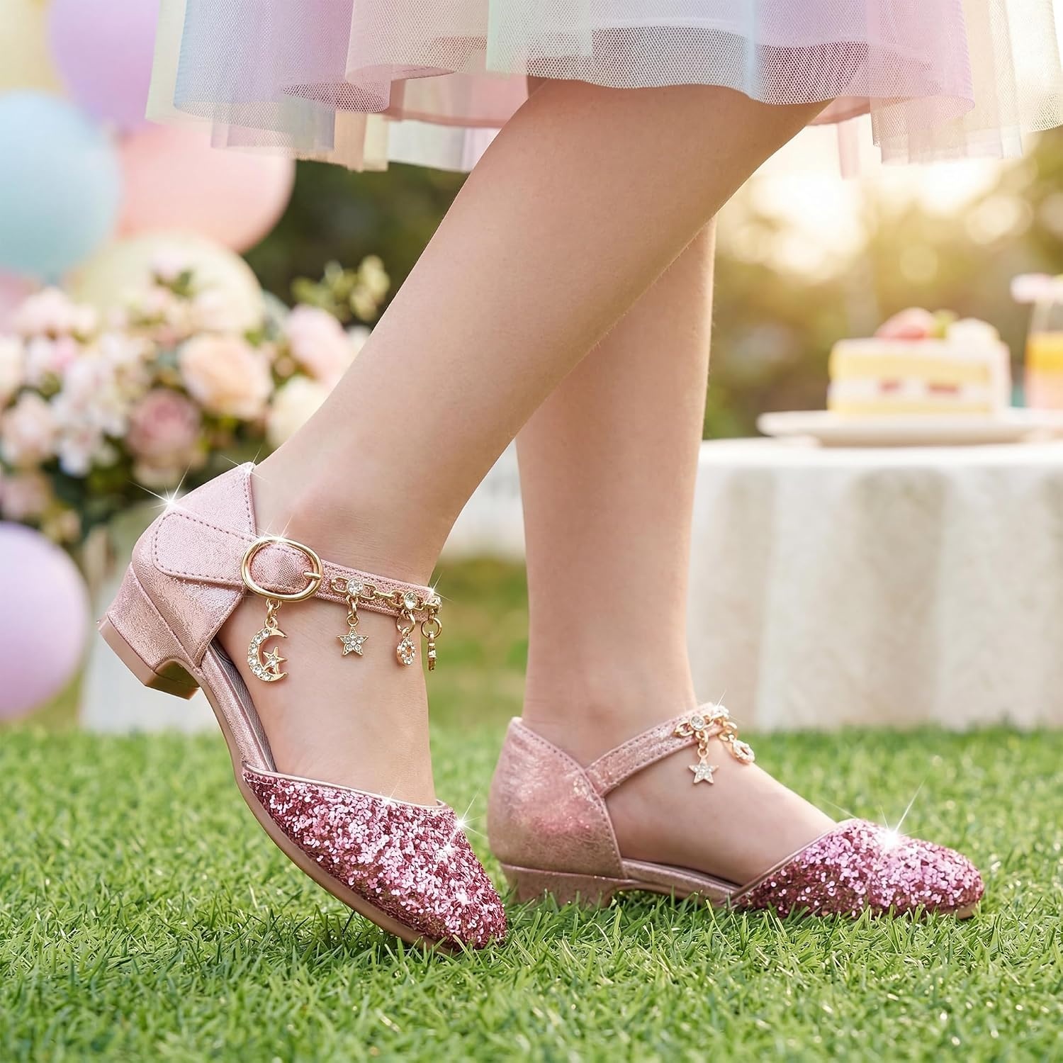 Stelle Girls Glitter Charm Dress Shoes Sequins Princess Heels for Party(Raspberry Glitter)