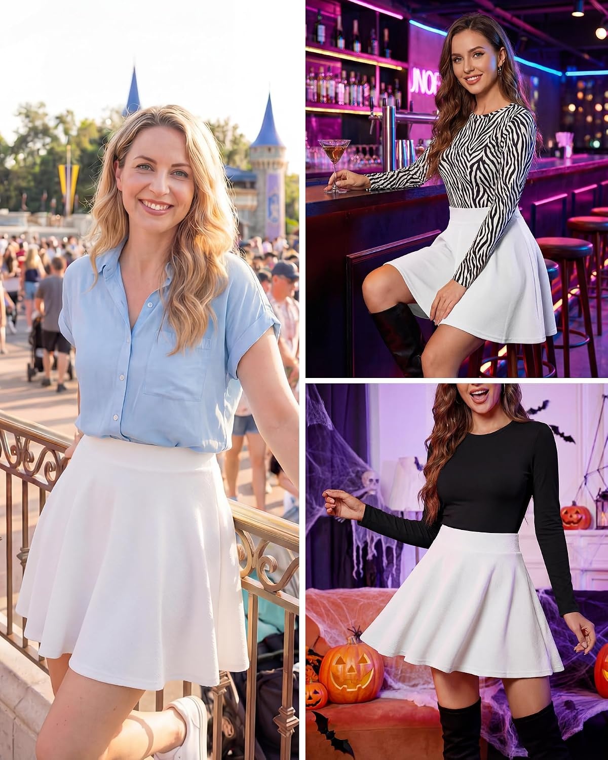 Stelle Women Casual Skater Skirts with Shorts Flared Mini Skorts(White)