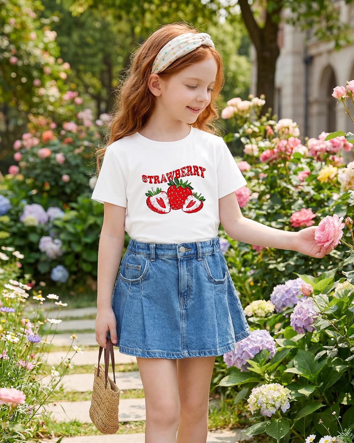 Stelle Girls Graphic T Shirt Cotton Crewneck Short Sleeve Casual Tee(Strawberry|white)