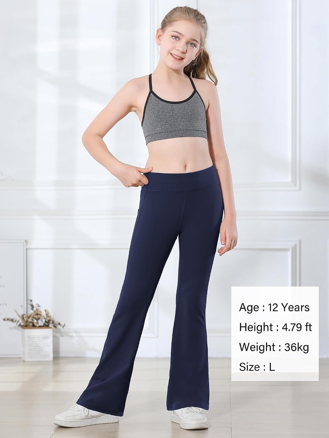 Stelle Girls Flare Leggings with Pockets High Waisted Bootcut Yoga Pants(02-b2-navy)