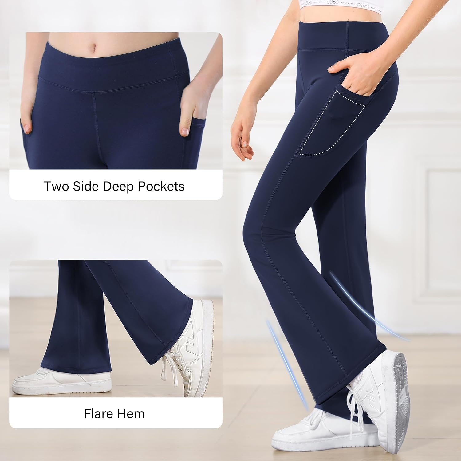 Stelle Girls Flare Leggings with Pockets High Waisted Bootcut Yoga Pants(02-b2-navy)