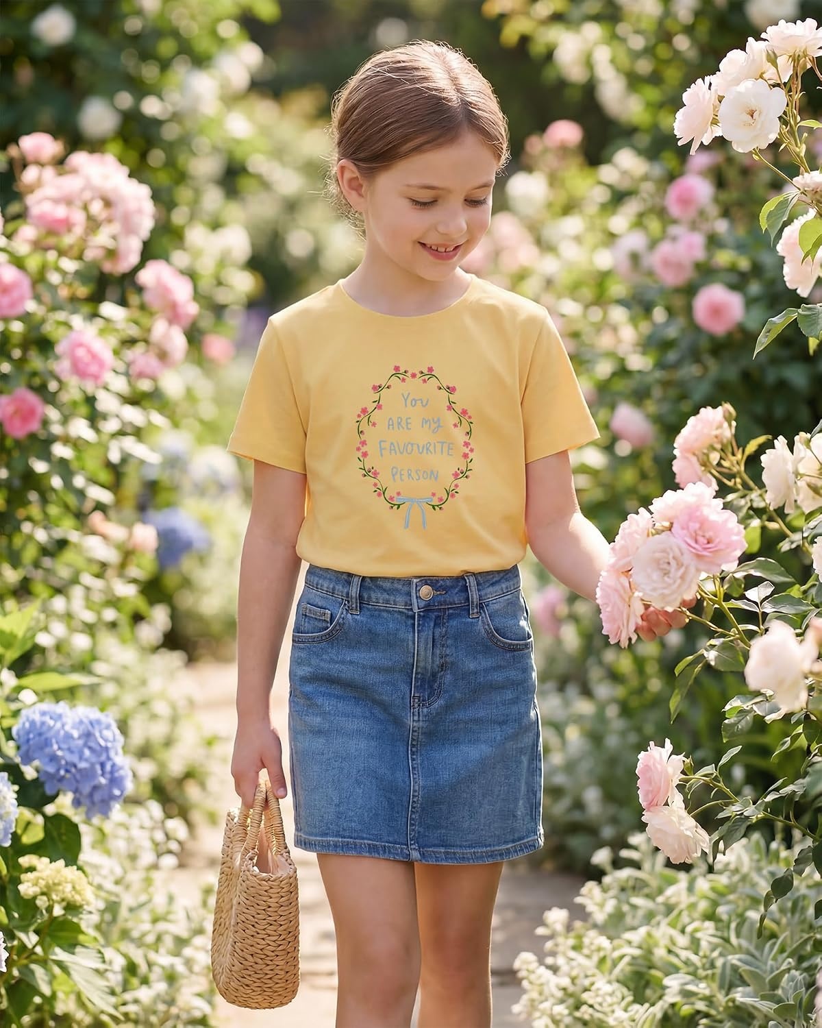 Stelle Girls Graphic T Shirt Cotton Crewneck Short Sleeve Casual Tee(Blue Garland|yellow)