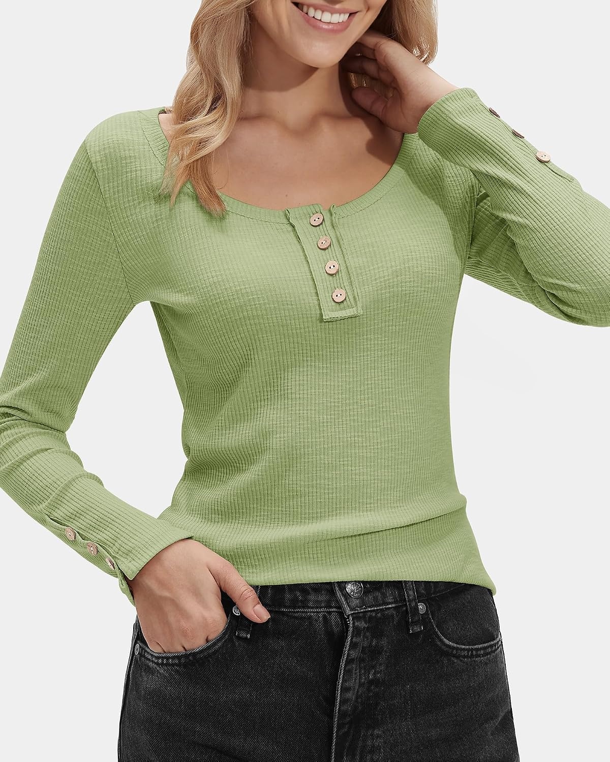 Stelle Women’s Ribbed Knit Henley Long Sleeve Button Top Loose Fit(Moss)