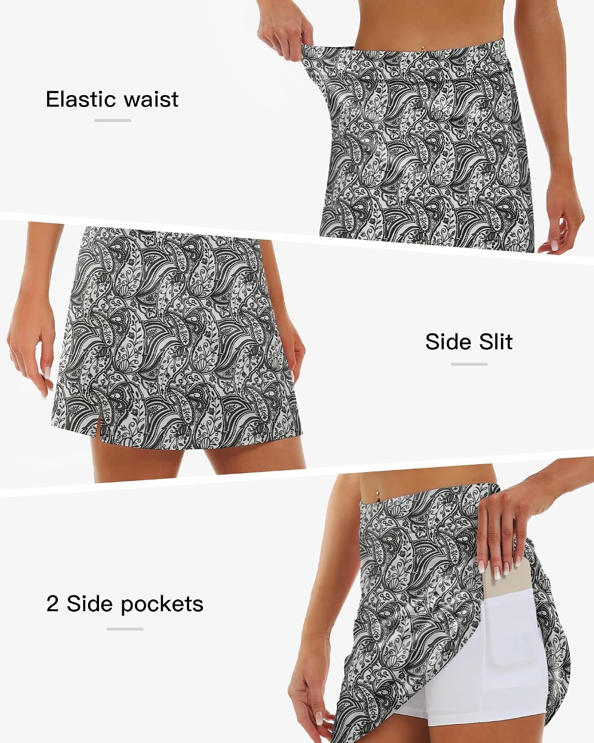 Stelle 17″ Golf Skirts for Women Pickleball Tennis Skorts with 2 Pockets(Black Paisley Print)