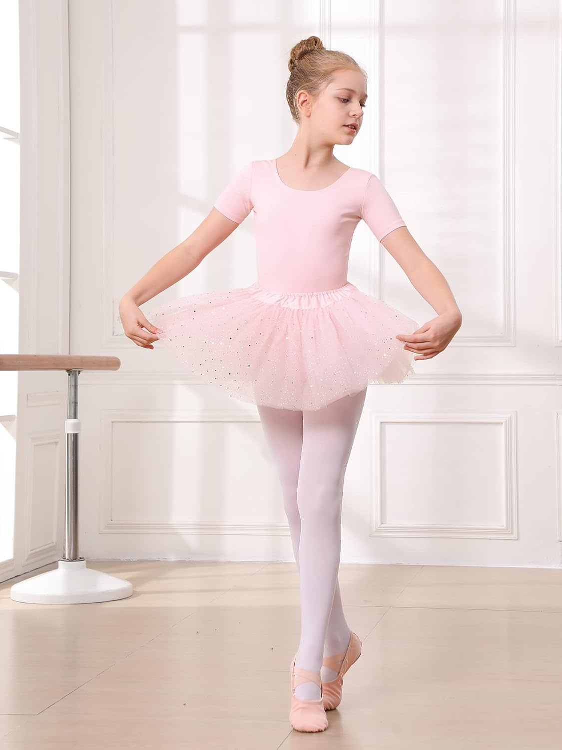 Stelle Girls Ballet Leotards Toddler Dance Outfit Combo with Pull on Skirt and Tights (Toddler/Little Kid/Big Kid)(02-ballet Pink (Shiny Tutu Skirt))