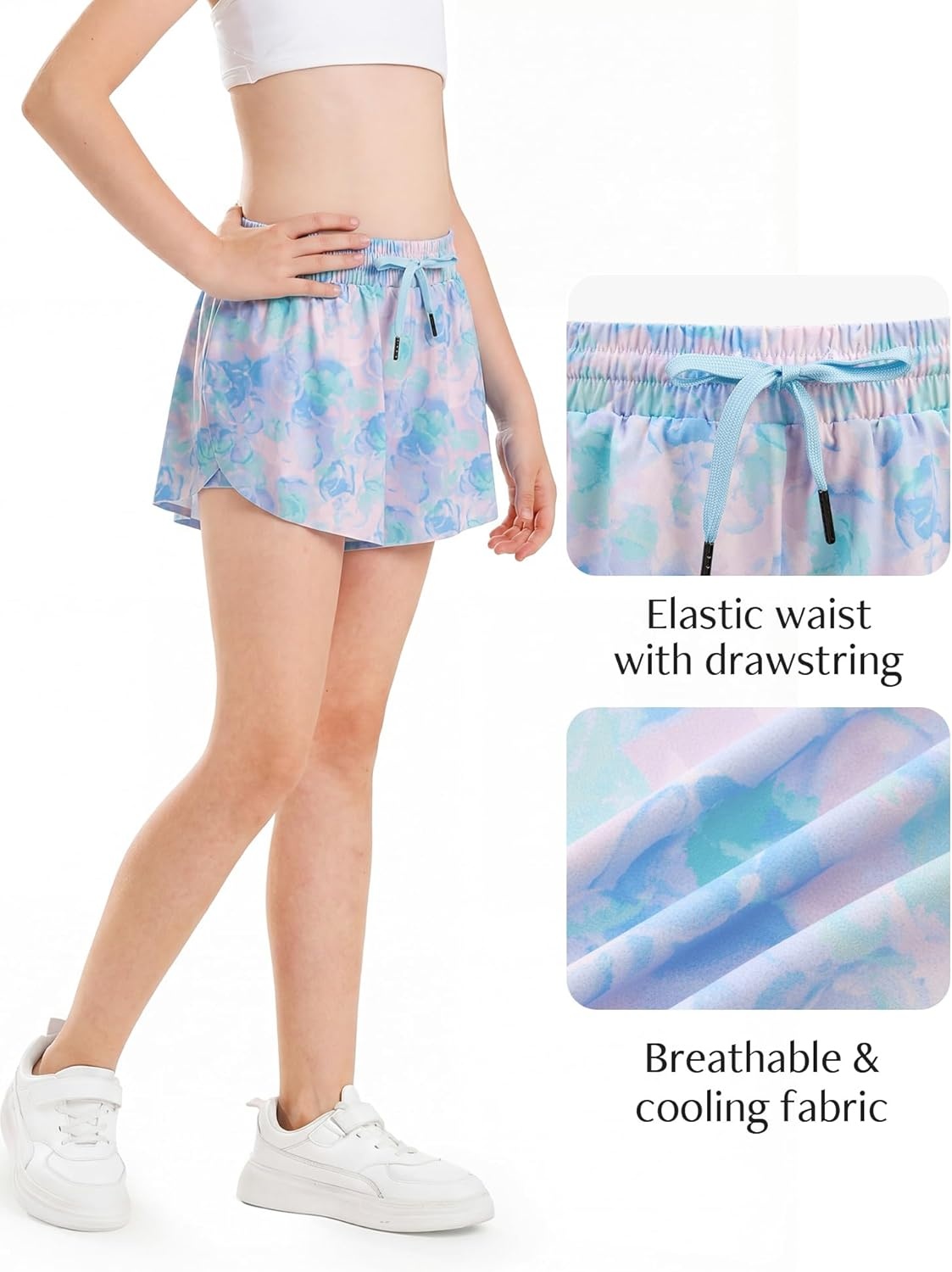 Stelle Girls Flowy Shorts with Pockets Athletic Running Skirt High Waist Butterfly 2 in 1 Sports Short 5-16 Years(Watercolor Bloom)