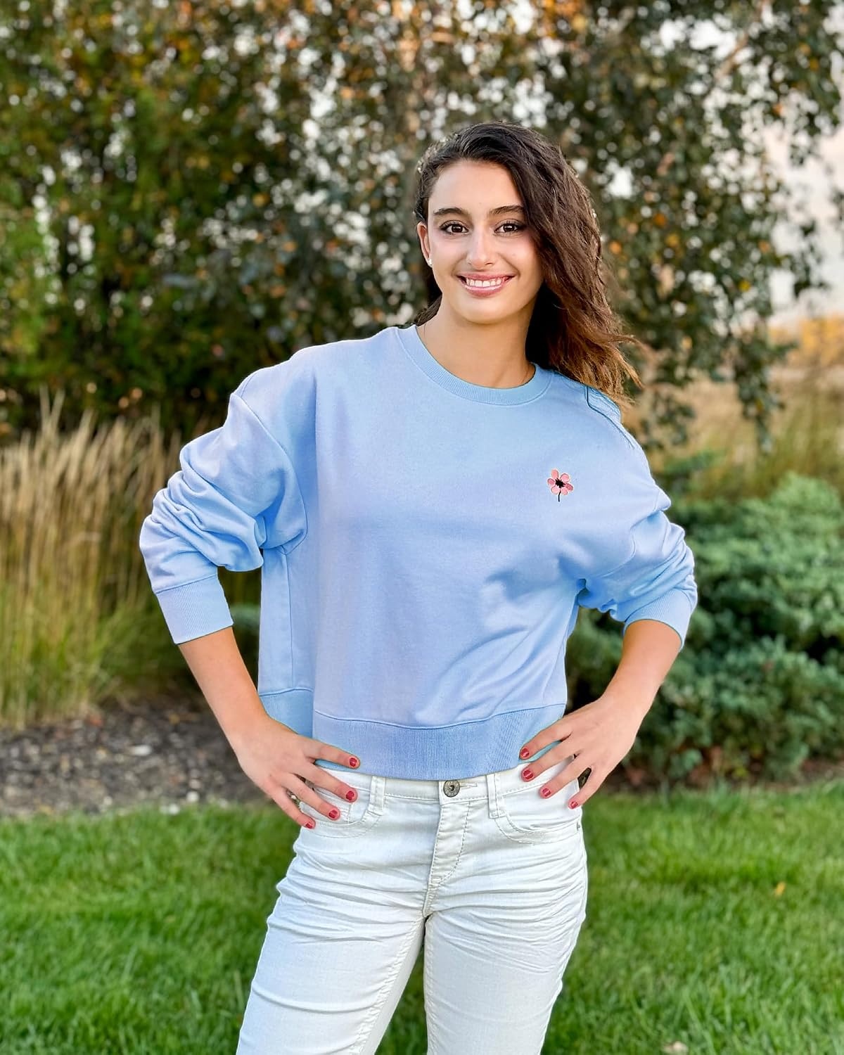 Stelle Cropped Sweatshirt for Women Crewneck Pullover Tops Oversized Long Sleeve Lightweight Casual Cotton Sweat Shirts(Baby Blue)
