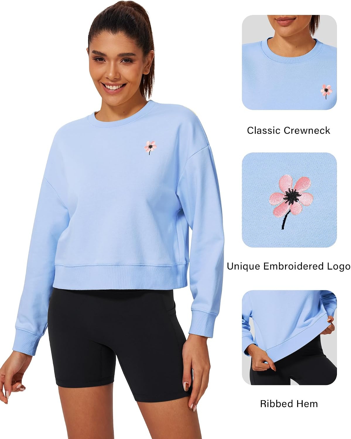Stelle Cropped Sweatshirt for Women Crewneck Pullover Tops Oversized Long Sleeve Lightweight Casual Cotton Sweat Shirts(Baby Blue)