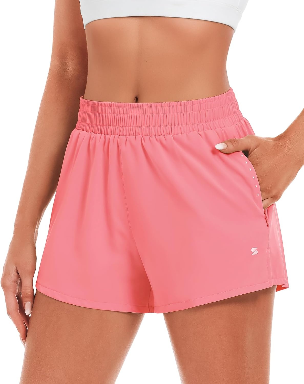 Stelle Women’s 3.5″ High Waisted Running Shorts Quick-Dry Gym Shorts Workout Athletic Shorts Mesh Liner with Zipper Pockets(Coral)