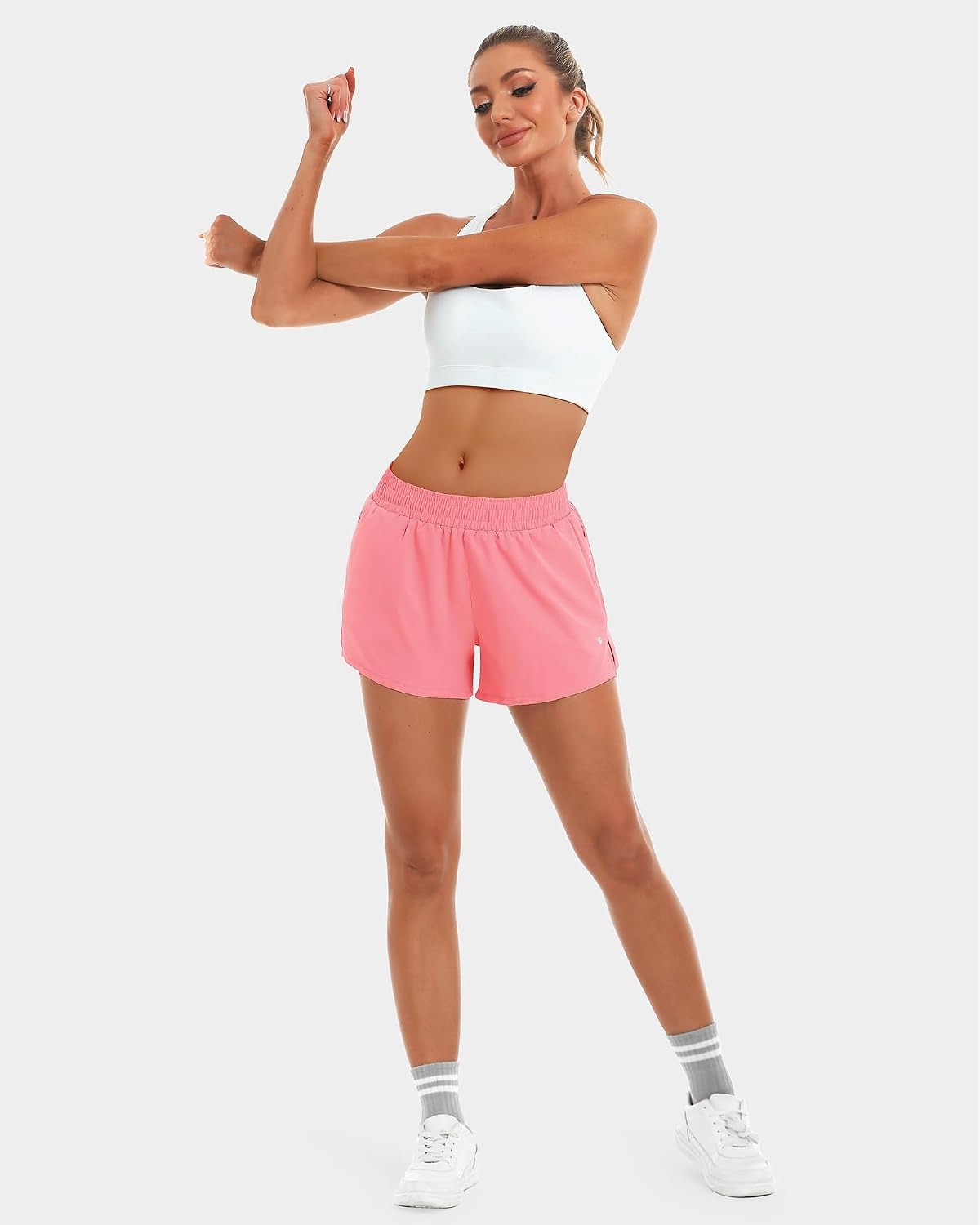 Stelle Women’s 3.5″ High Waisted Running Shorts Quick-Dry Gym Shorts Workout Athletic Shorts Mesh Liner with Zipper Pockets(Coral)
