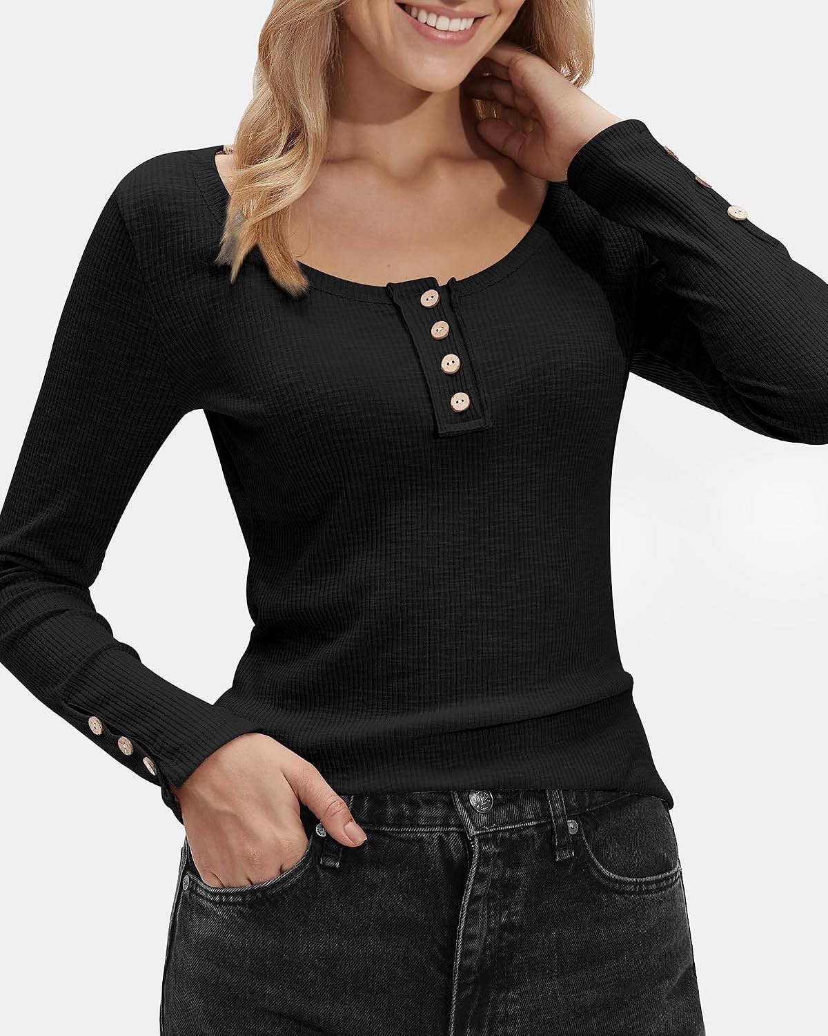 Stelle Women’s Long Sleeve Henley T Shirts Button Ribbed Knit Loose Fit Basic Tops Fall Fashion Outfits(Black)