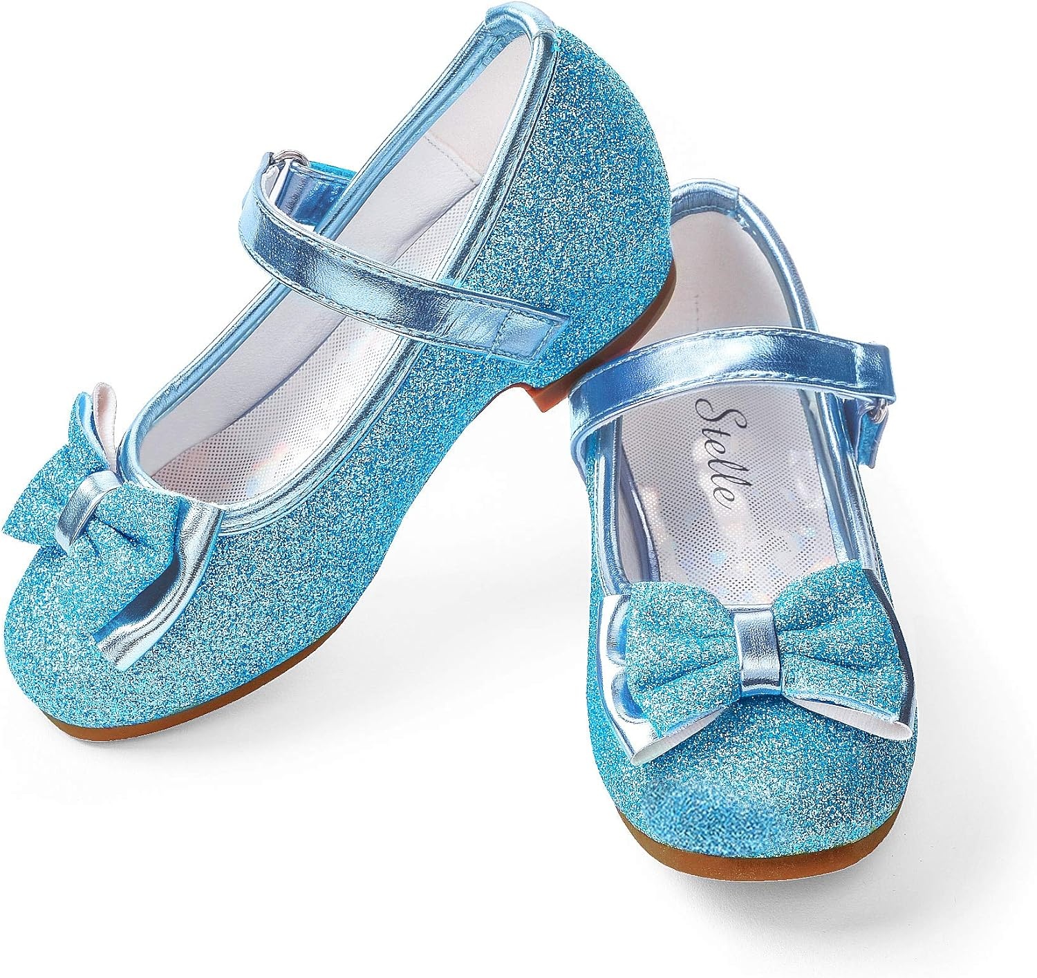 Stelle Girls Dress Shoes Glitter Princess Shoe Flower Mary Jane Low Heels Party Wedding Prom Footwear for Toddler Kids(T08-elsa Blue Glitter)