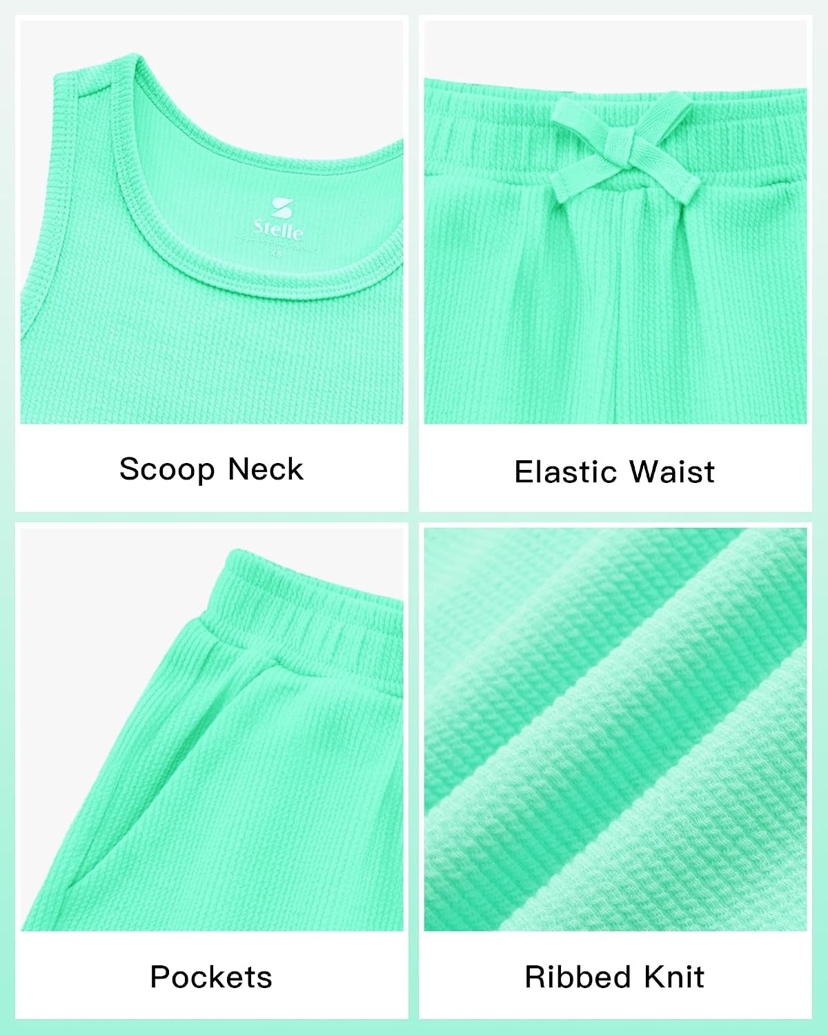 Stelle Girls 2 Piece Outfits Tank Top and Shorts with Pockets 5-15 Years(Mint Green)