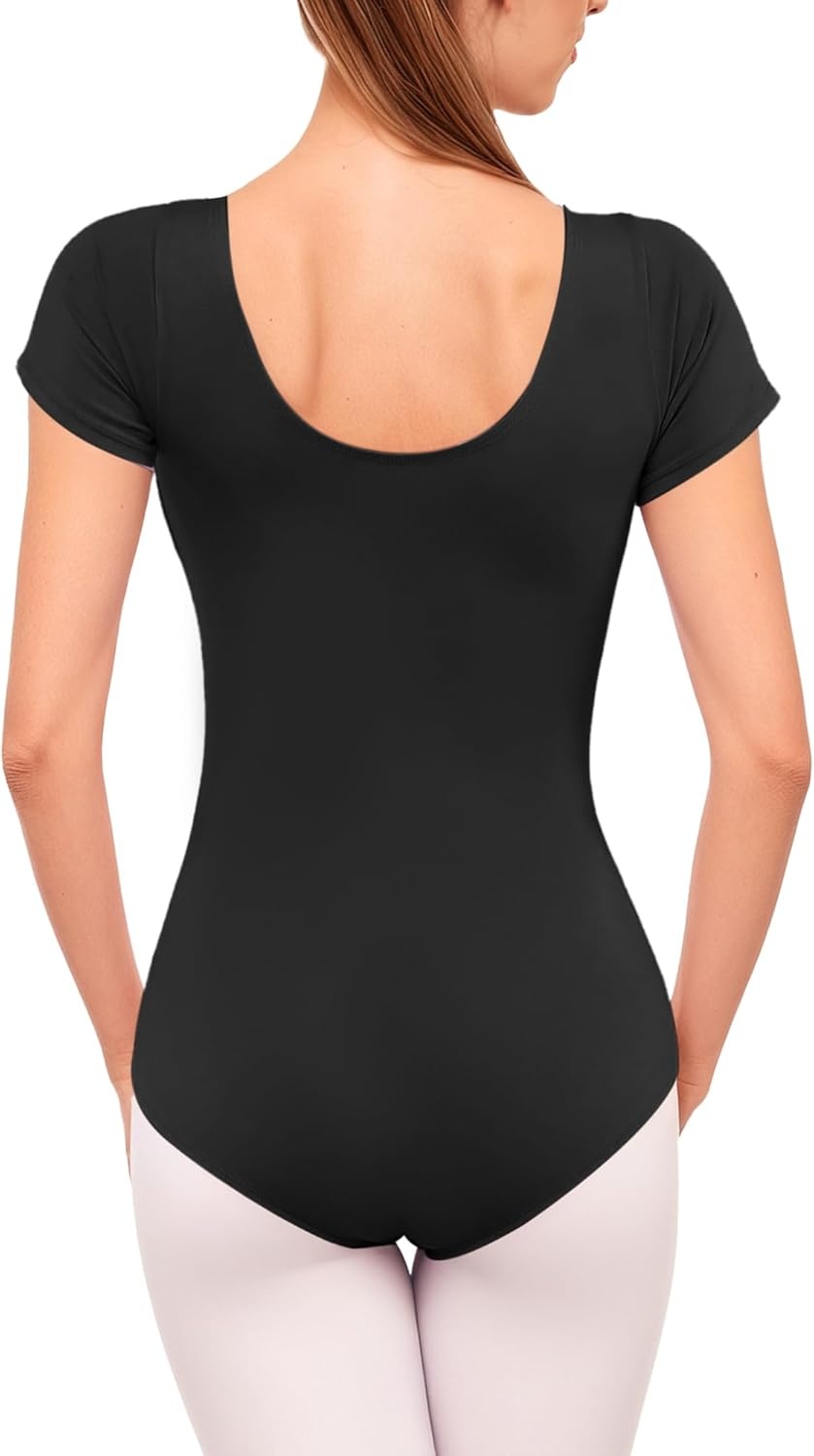 Stelle Women’s Short Sleeve Leotard for Ballet Dance Costumes Scoop Neck Sleeveless Double Lined Bodysuit(Black)