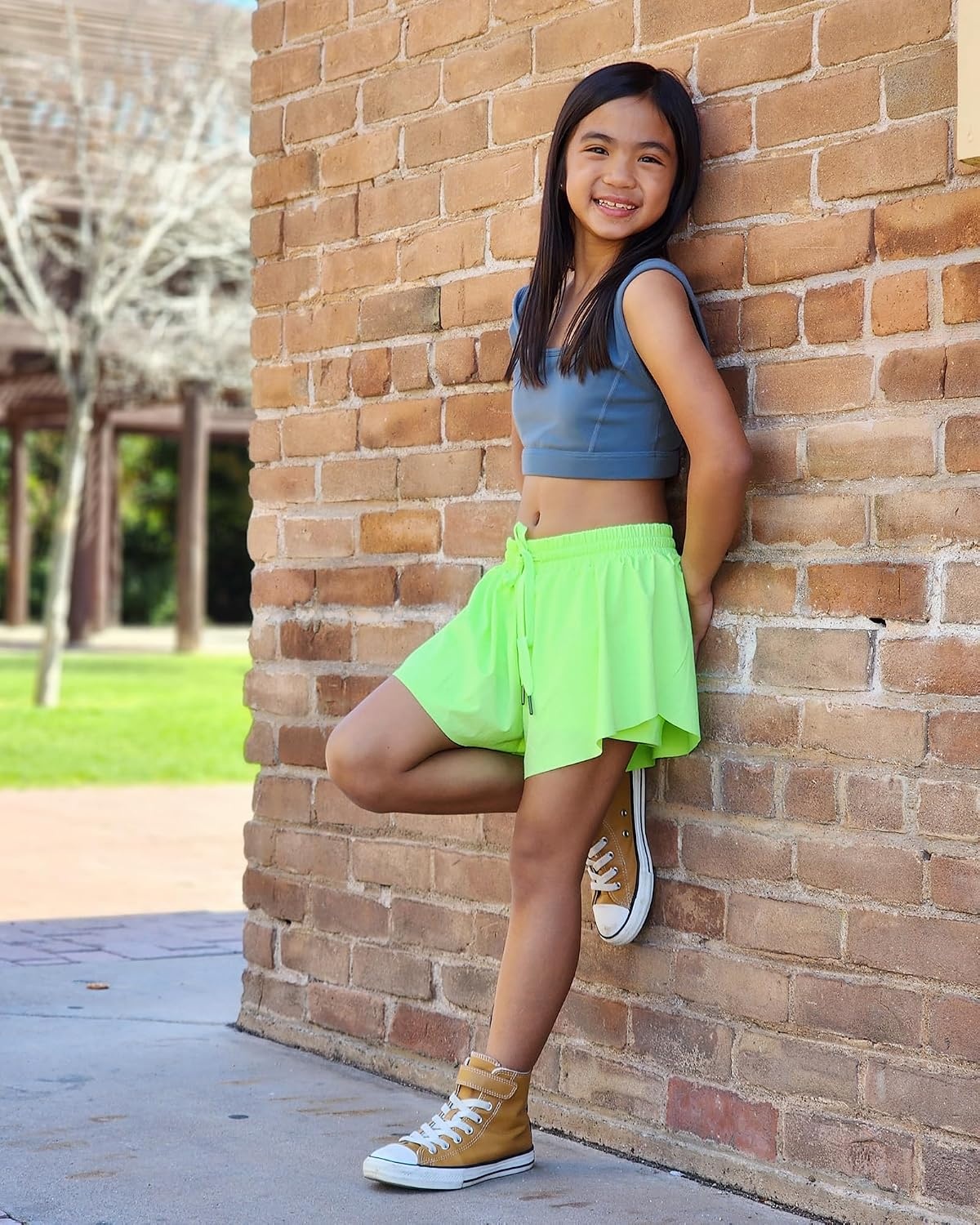 Stelle Girls Butterfly Shorts with Pockets Athletic Running Sports Skirt | 2 in 1 Sports short, 5-16 Years, Lightweight, Breathable, Quick-dry, Compression liner, 2 Inner pockets, Elastic waistband(A-neon Yellow)