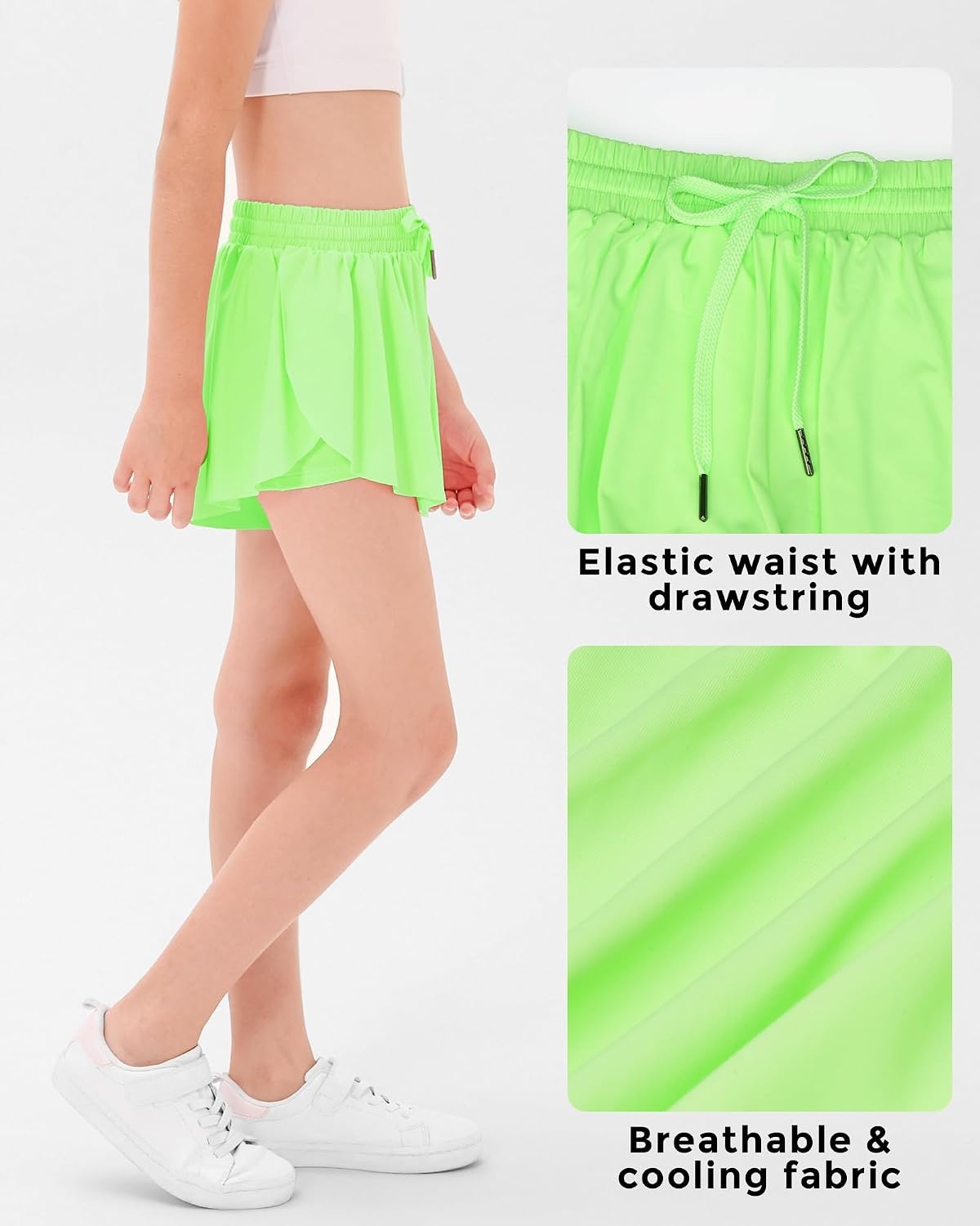 Stelle Girls Butterfly Shorts with Pockets Athletic Running Sports Skirt | 2 in 1 Sports short, 5-16 Years, Lightweight, Breathable, Quick-dry, Compression liner, 2 Inner pockets, Elastic waistband(A-neon Yellow)