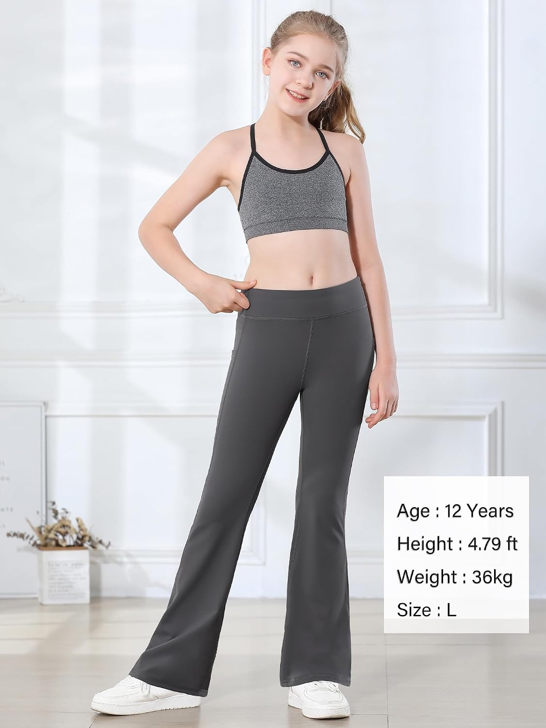 Stelle Girls Flare Leggings with Pockets High Waisted Bootcut Yoga Pants(17-c7-black/Grey/Grey Blue)