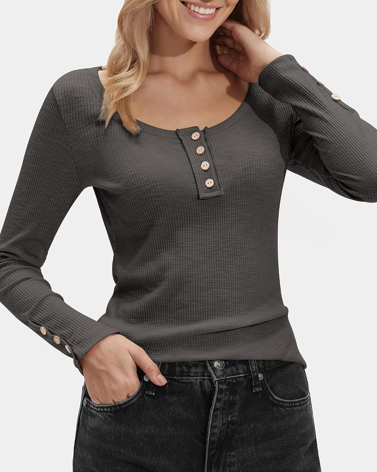 Stelle Women’s Ribbed Knit Henley Long Sleeve Button Top Loose Fit(Charcoal)