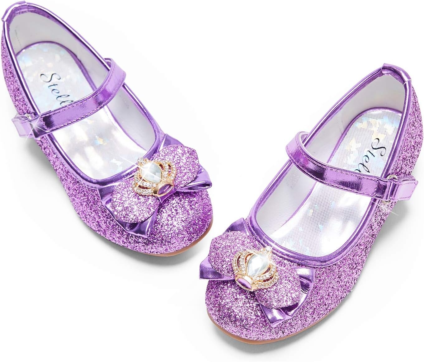 Stelle Girls Dress Shoes Glitter Princess Shoe Flower Mary Jane Low Heels Party Wedding Prom Footwear for Toddler Kids(T13-purple Glitter)