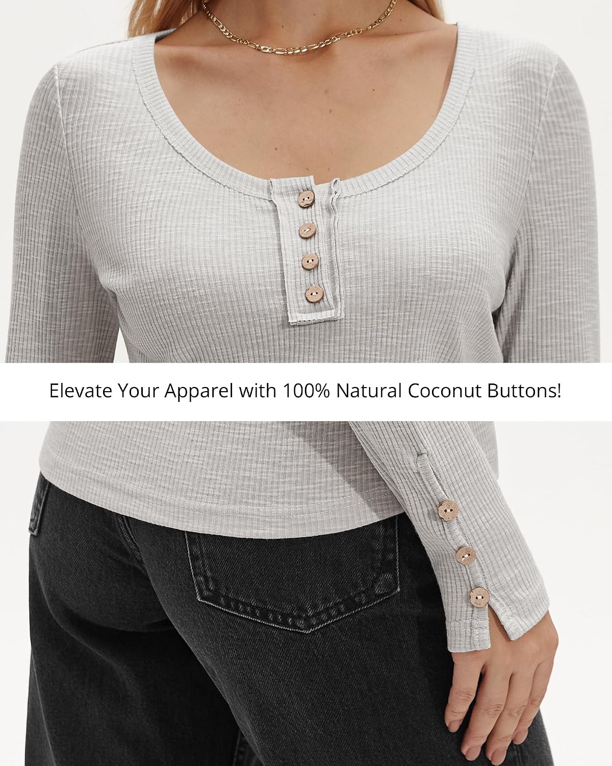 Stelle Women’s Long Sleeve Henley T Shirts Button Ribbed Knit Loose Fit Basic Tops Fall Fashion Outfits(Light Grey)