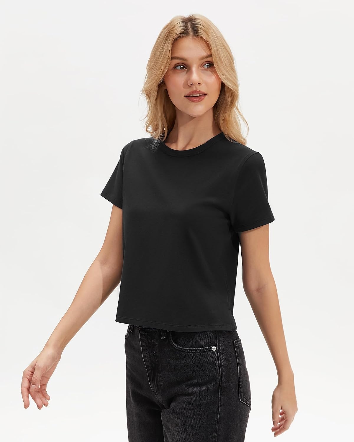 Stelle Women’s Short Sleeve Crewneck T-Shirts Cotton Basic Tees Summer Casual Solid Crop Tops(Black)