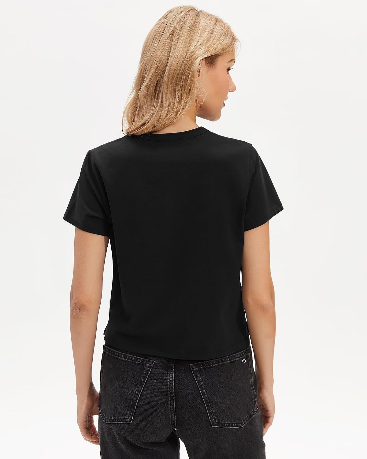 Stelle Women’s Short Sleeve Crewneck T-Shirts Cotton Basic Tees Summer Casual Solid Crop Tops(Black)