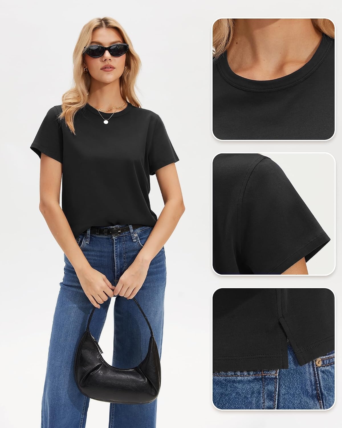 Stelle Women’s Short Sleeve Crewneck T-Shirts Cotton Basic Tees Summer Casual Solid Crop Tops(Black)